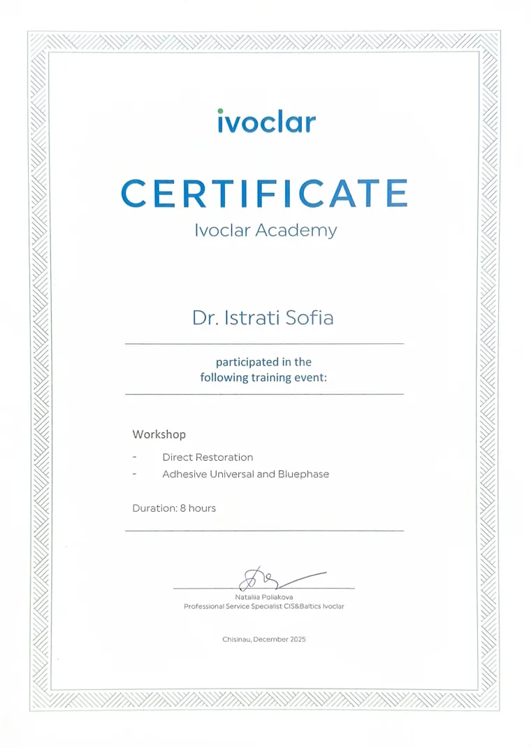 Ivoclar Academy certificate for Dr. Istrati Sofia