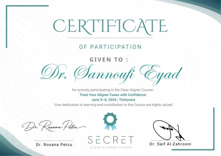 Secret Clear Aligner System certificate for Dr. Sannoufi Eyad